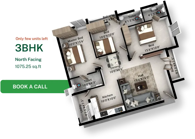 3 BHK floor plan at Arthy's Emerald, Vadavalli, Coimbatore
